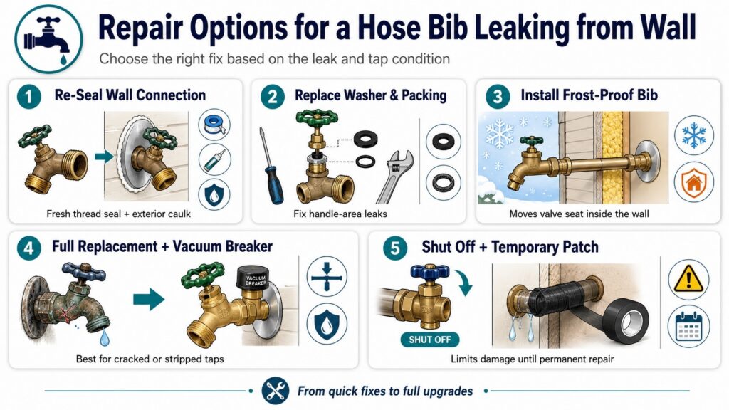 Repair Options for a Hose Bib Leaking from Wall